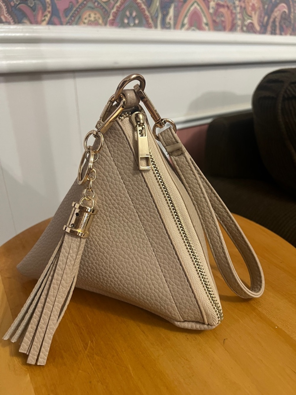 Beige Pyramid Wristlet Bag with Tassel